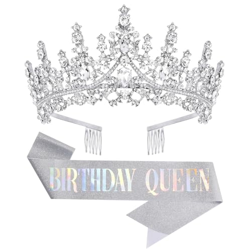 Papoopy Birthday Tiara Crown with Sash for Women, Headband Hair Accessories for Wedding Party Costume Silver - Image 1