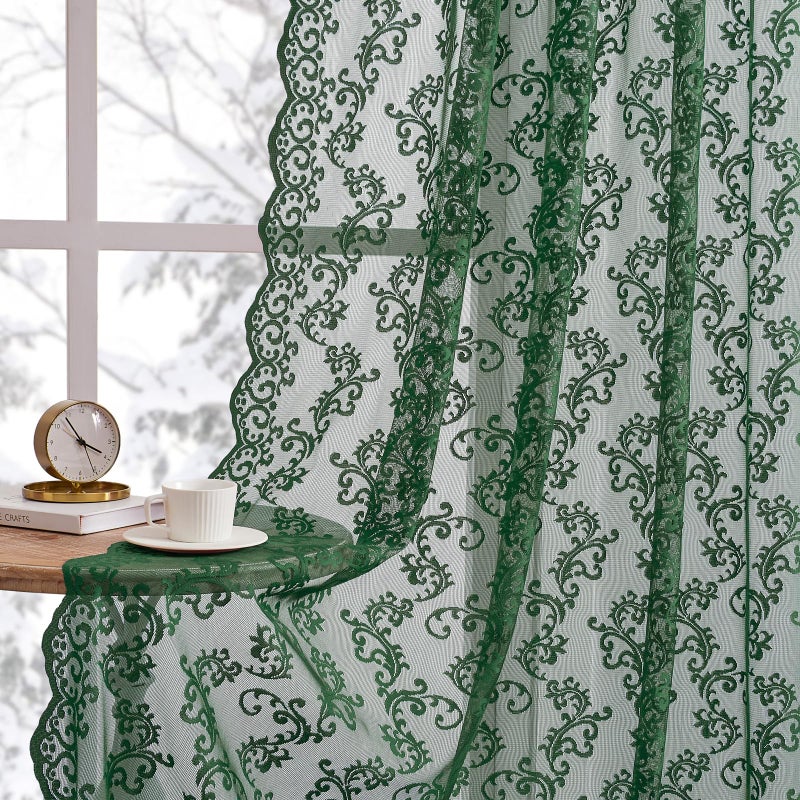 FOLKSIDE Dark Green Lace Curtains 84 Inches Long 2 Panels Country Vintage Sheer Lace Curtains for Living Room Bedroom Rod Pocket Light Filtering Romantic Victorian Window Privacy Decor Paisley Neutral, 52x84 - Image 1