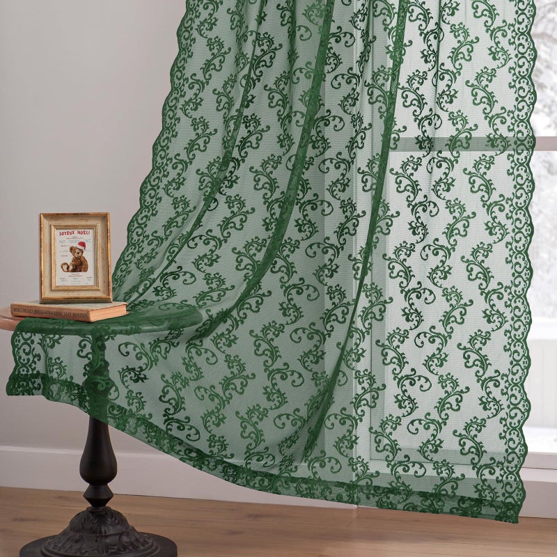 FOLKSIDE Dark Green Lace Curtains 84 Inches Long 2 Panels Country Vintage Sheer Lace Curtains for Living Room Bedroom Rod Pocket Light Filtering Romantic Victorian Window Privacy Decor Paisley Neutral, 52x84 - Image 4