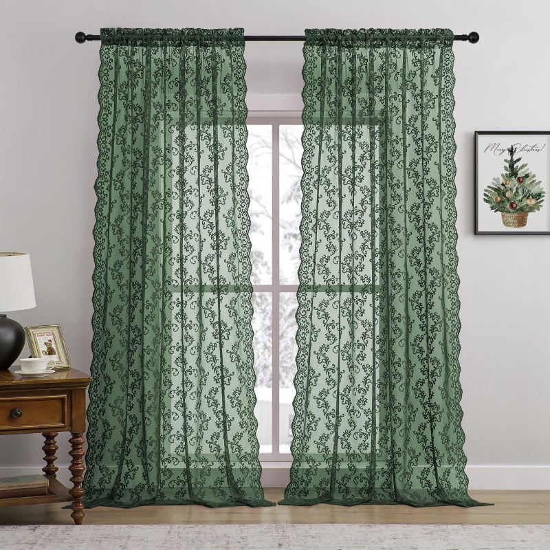 FOLKSIDE Dark Green Lace Curtains 84 Inches Long 2 Panels Country Vintage Sheer Lace Curtains for Living Room Bedroom Rod Pocket Light Filtering Romantic Victorian Window Privacy Decor Paisley Neutral, 52x84 - Image 2