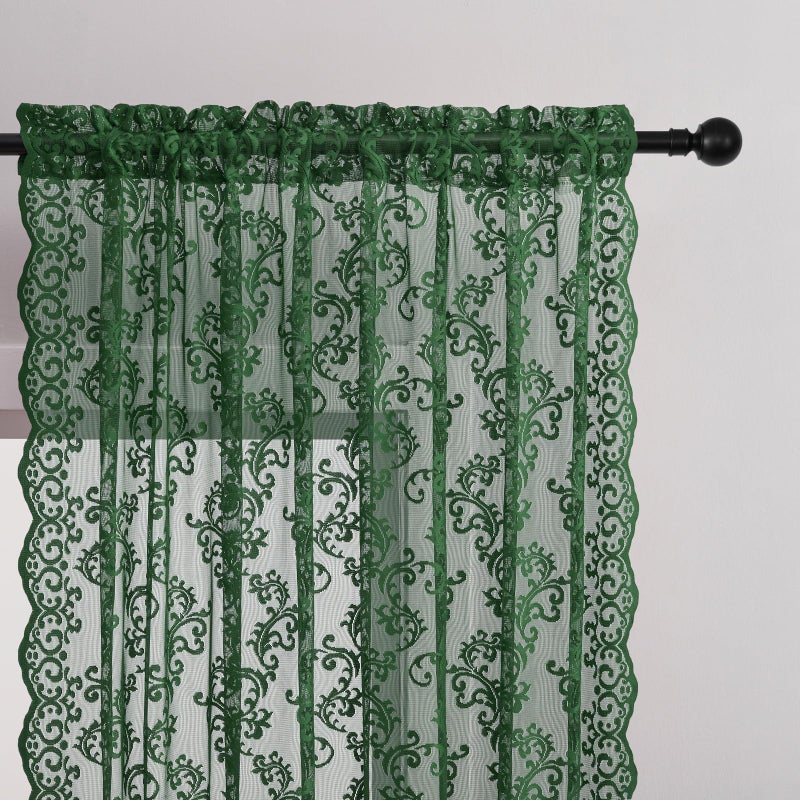 FOLKSIDE Dark Green Lace Curtains 84 Inches Long 2 Panels Country Vintage Sheer Lace Curtains for Living Room Bedroom Rod Pocket Light Filtering Romantic Victorian Window Privacy Decor Paisley Neutral, 52x84 - Image 3