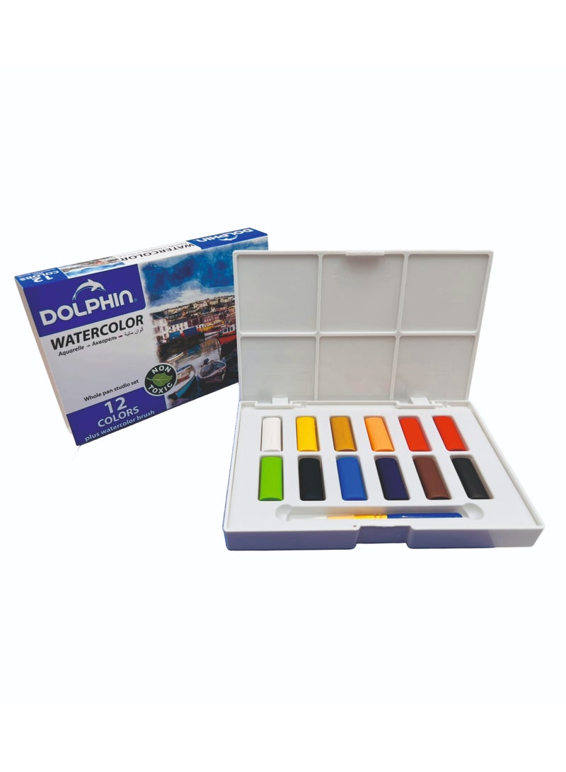 Dolphin Watercolor Set 12 Vibrant Colours with Brush, Ideal for Kids School & Art Projects