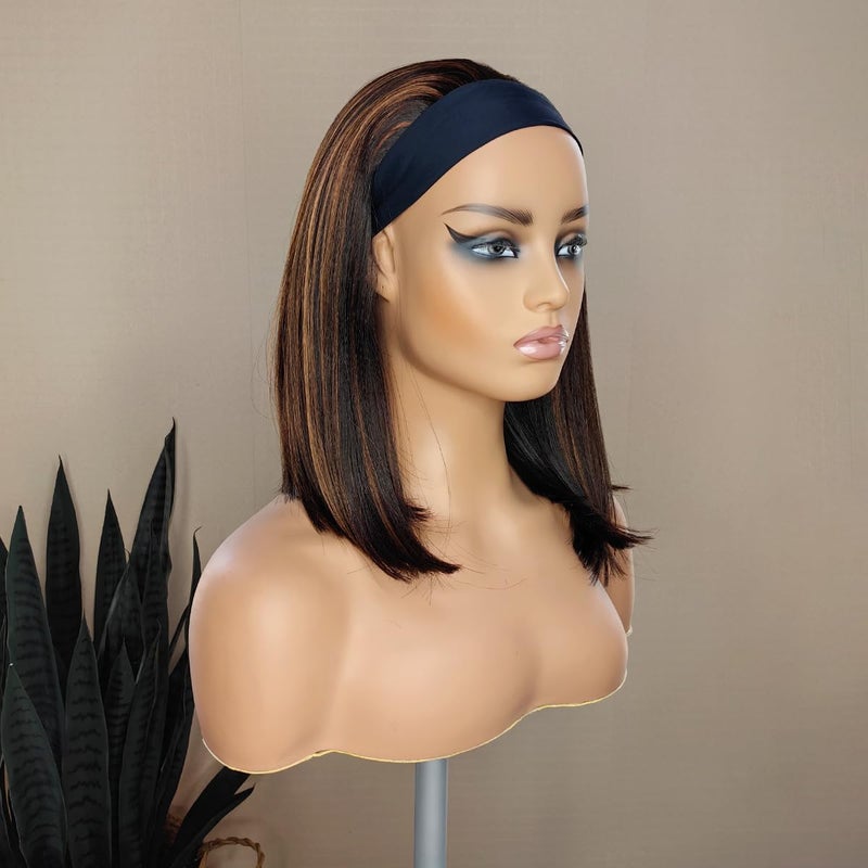 xccoco Highlight Headband Wigs for Black Women Short Brown Yaki Straight Hair Headband Wig Put On and Go Glueless Wig Natural Looking Synthetic Wig with Headband,12inch - Image 3
