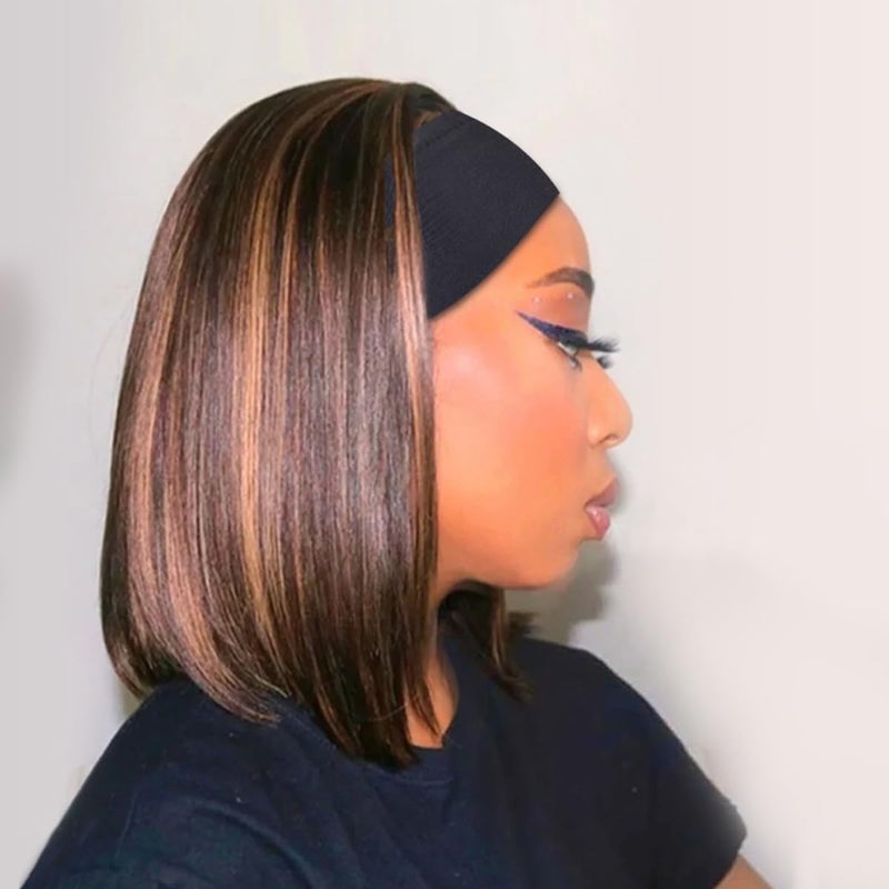 xccoco Highlight Headband Wigs for Black Women Short Brown Yaki Straight Hair Headband Wig Put On and Go Glueless Wig Natural Looking Synthetic Wig with Headband,12inch - Image 1