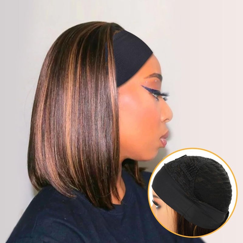 xccoco Highlight Headband Wigs for Black Women Short Brown Yaki Straight Hair Headband Wig Put On and Go Glueless Wig Natural Looking Synthetic Wig with Headband,12inch - Image 2