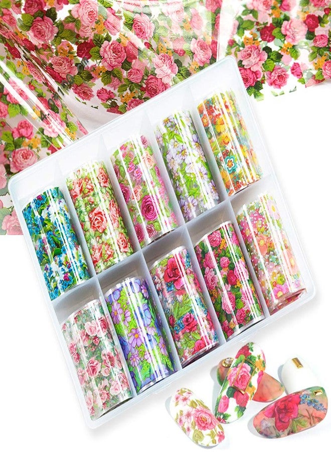 SILPECWEE 10 Rolls Foil Nail Art Stickers Tips Colorful Flower Starry Sky Film Wraps Nail Transfer Decals Manicure Accessories (1.57inches×39.4inches) - Image 1