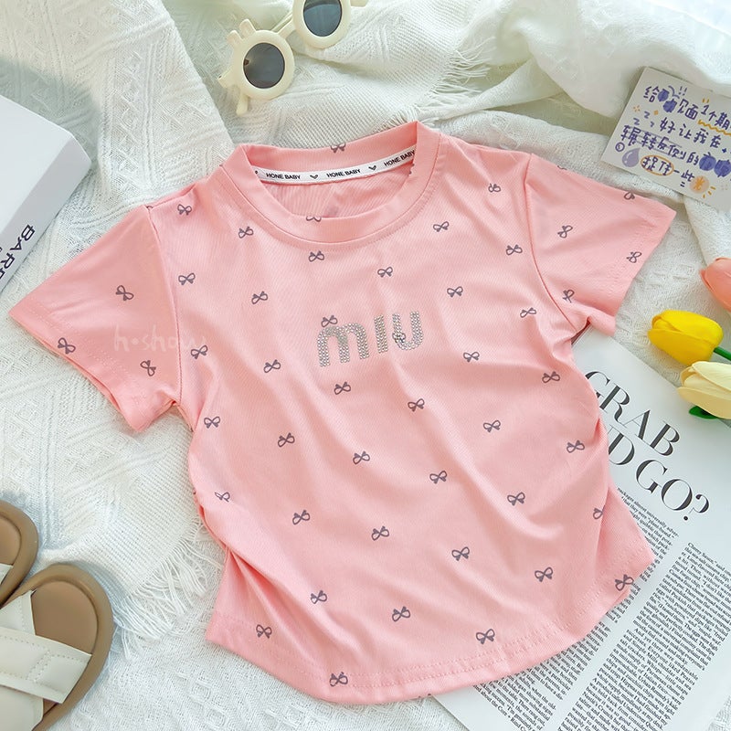 Girls' Short-Sleeved Summer T-Shirt Children'S Wear New Style Small And Medium-Sized Baby Rhinting Casual Shirt Fashion Children 0188A055 - Image 1