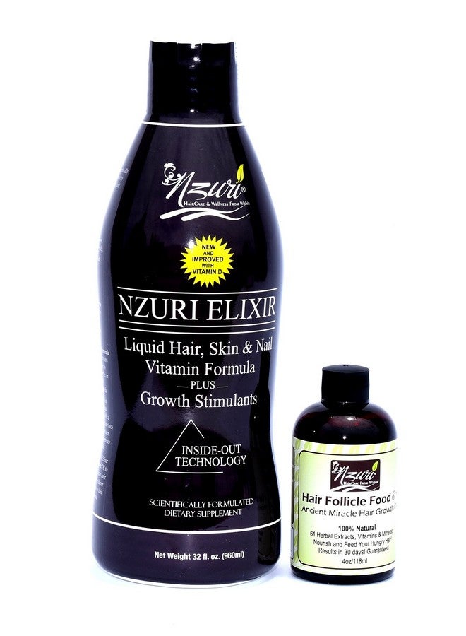 Nzuri Elixir Hair Skin And Nail With Vitamin D 32 Oz + Nzuri Hair Follicle Food 61 Ancient Miracle Hair Growth Oil 4Oz Vitamins To Make Hair Grow Long Intense Grow Long Hair Supplements Combo Pack - Image 1