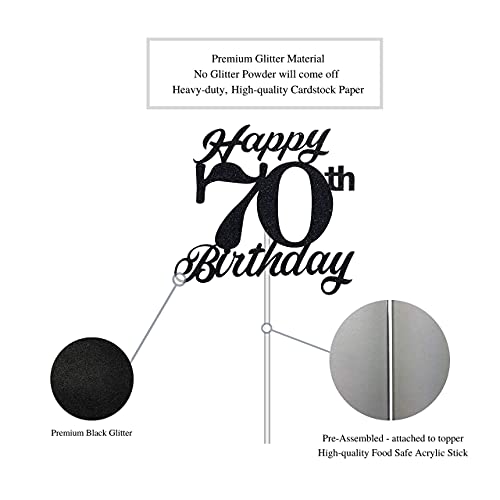 Festiko®Black Glitter 70th Birthday Cake Topper, 70th Happy Birthday Party Decoration with Premium Black Glitter - Image 3