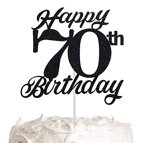 Festiko®Black Glitter 70th Birthday Cake Topper, 70th Happy Birthday Party Decoration with Premium Black Glitter - Image 1