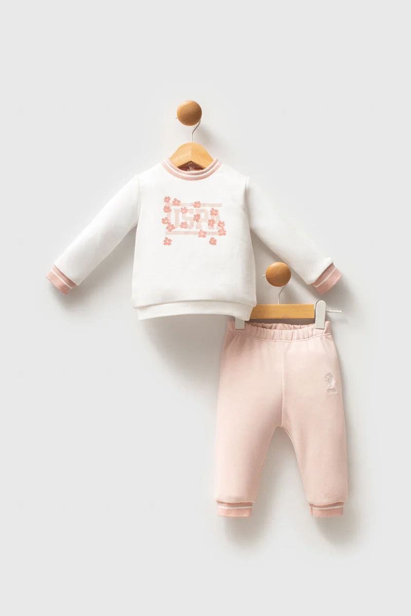 يو اس بولو اسن طقم يو إس بولو للبنات الصغيرات (قطعتان) أبيض/وردي