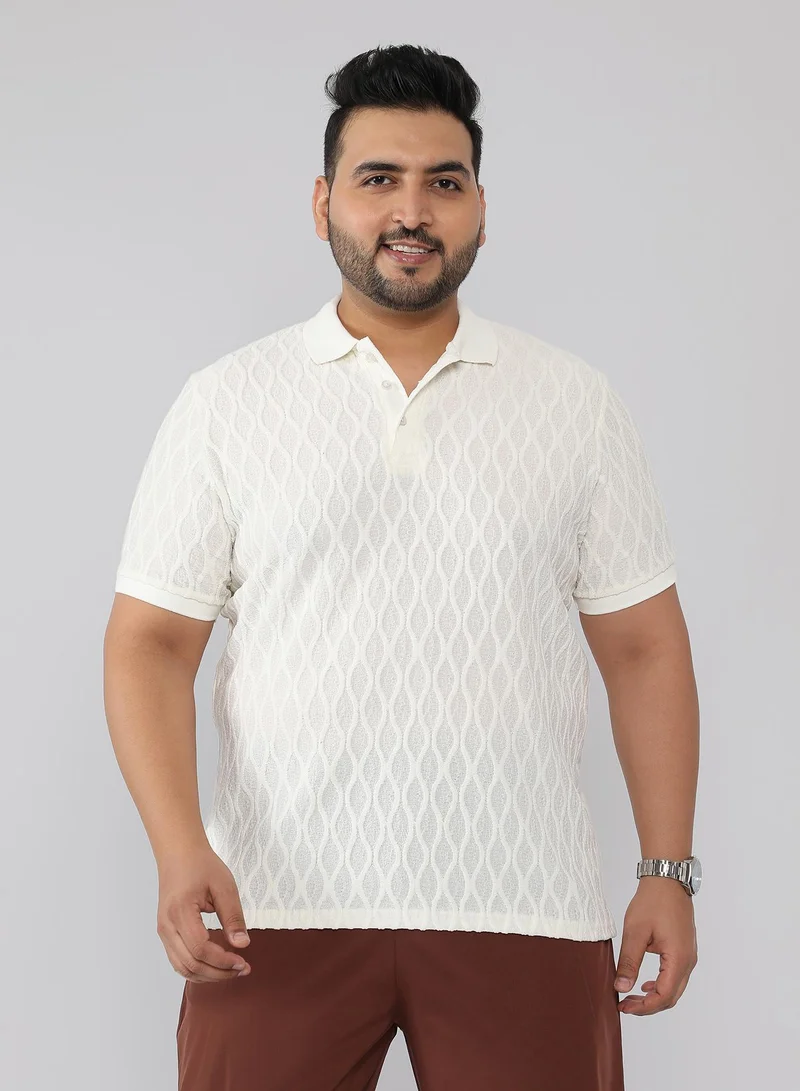 انستافاب بلس Men Marquise-Tactile Knit Polo T-Shirt | Polo Neck , Rib-Cuff Sleeve | Half-Button Closure , Straight Hem | Geometric Regular-Fit | Knitted Fabric For Casual & Daily Wear | Cream White