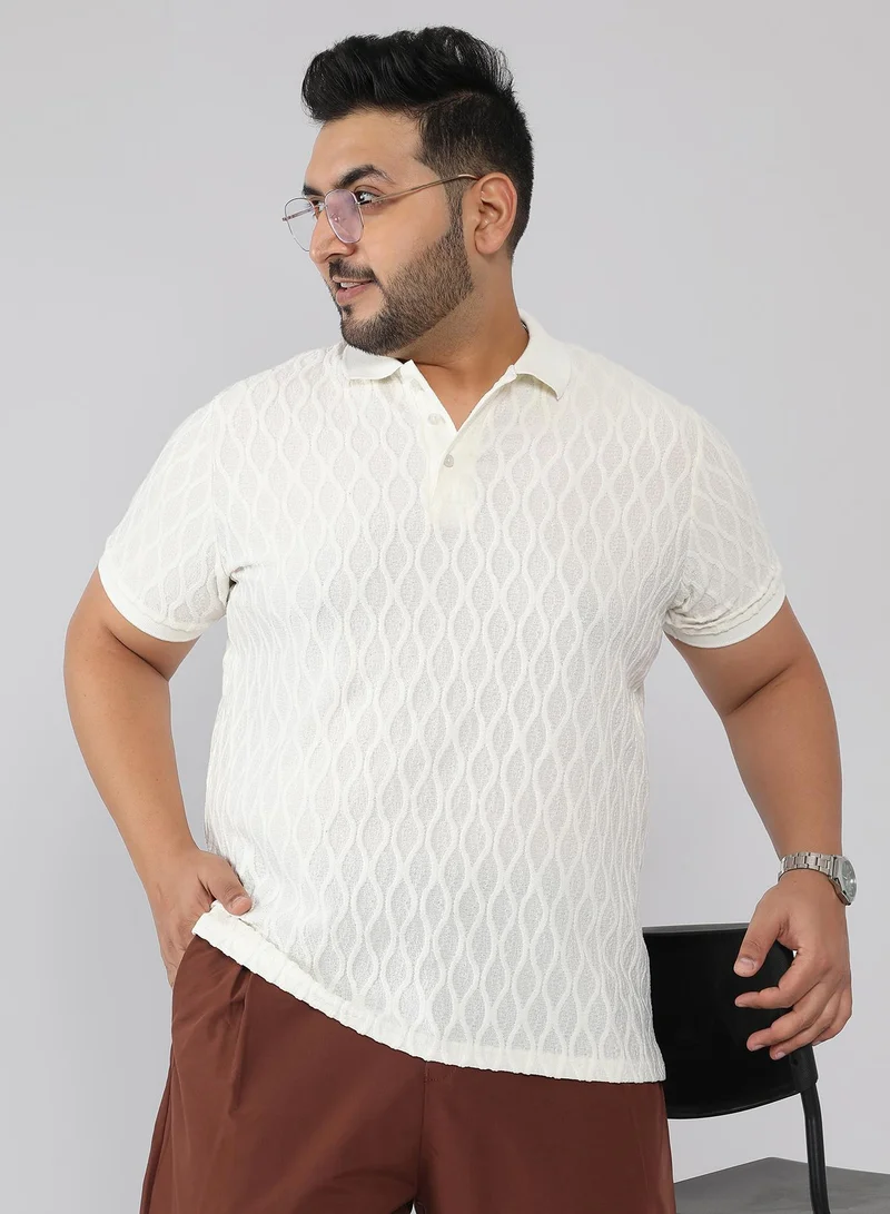 Instafab Plus Men's Cream White Marquise-Tactile Knit Polo T-Shirt