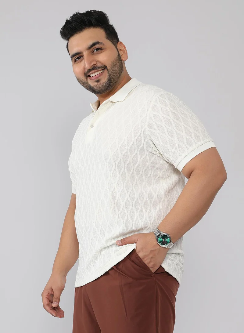 Instafab Plus Men's Cream White Marquise-Tactile Knit Polo T-Shirt