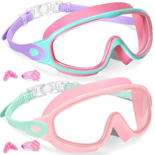 Keary 2 Pack Kids Swim Goggles 614 814 Kids Swimming Goggles Age 315 47 416 812 For Boys Girls Youth Toddler Children Pool Water Goggle Anti Fog UV Protection Clear Wide View Waterproof Pink - Image 1