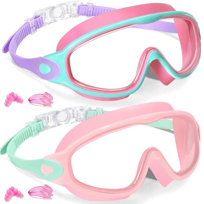 Keary 2 Pack Kids Swim Goggles 614 814 Kids Swimming Goggles Age 315 47 416 812 For Boys Girls Youth Toddler Children Pool Water Goggle Anti Fog UV Protection Clear Wide View Waterproof Pink - Image 2