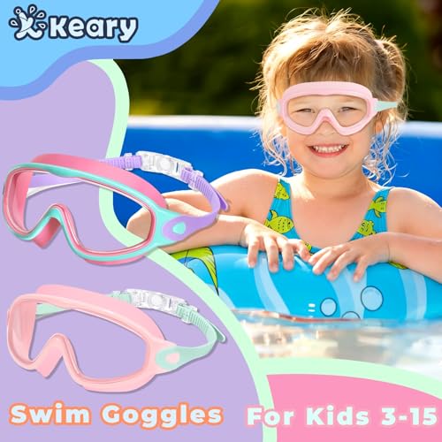 Keary 2 Pack Kids Swim Goggles 614 814 Kids Swimming Goggles Age 315 47 416 812 For Boys Girls Youth Toddler Children Pool Water Goggle Anti Fog UV Protection Clear Wide View Waterproof Pink - Image 3