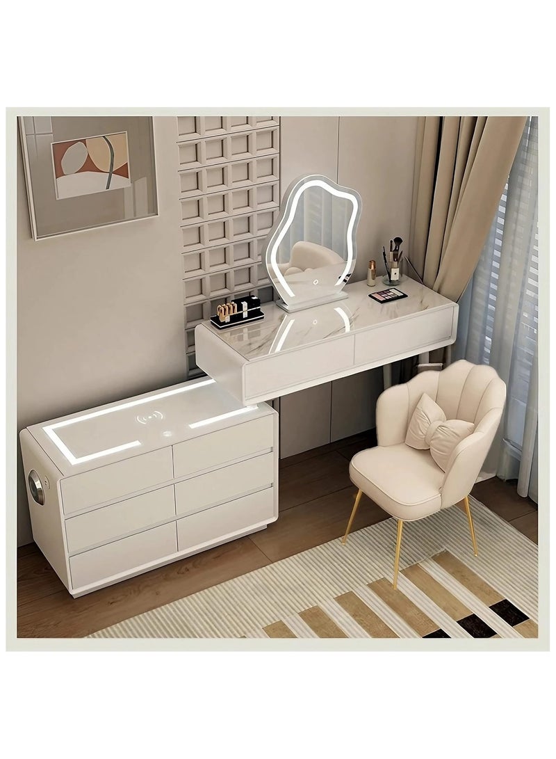 أيه دابليو دي طاولة الزينة الذكية مع مرآة وكرسي، طاولة مكياج لغرفة النوم، أدراج تخزين واسعة، ميزات ذكية، مكبر صوت وشحن لاسلكي بالإضافة لضوء LED. - Image 1