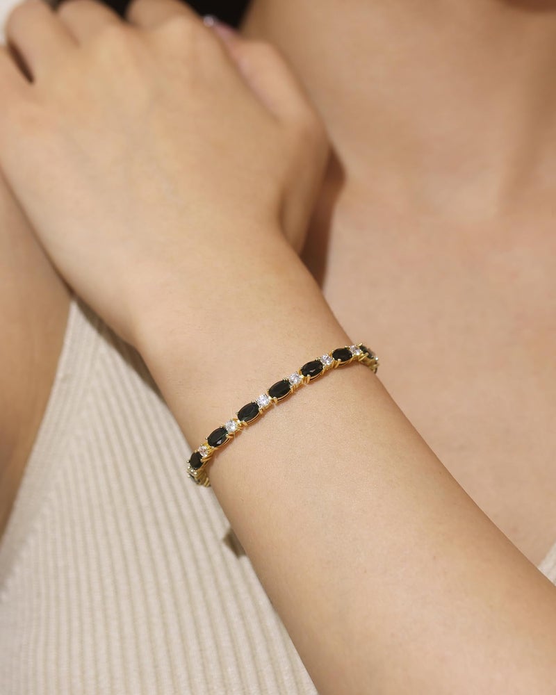 FANCIME 14K Gold Plated Sterling Silver Created Black Onyx Tennis Bracelet Birthstone Bracelet Oval Black CZ Gemstone Fine Jewelry Birthday Gift for Women 7" - Image 2
