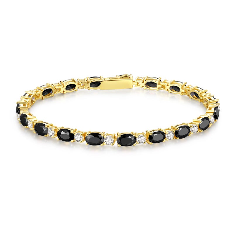 FANCIME 14K Gold Plated Sterling Silver Created Black Onyx Tennis Bracelet Birthstone Bracelet Oval Black CZ Gemstone Fine Jewelry Birthday Gift for Women 7" - Image 1