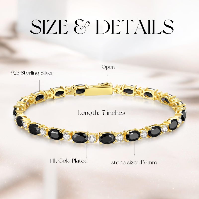 FANCIME 14K Gold Plated Sterling Silver Created Black Onyx Tennis Bracelet Birthstone Bracelet Oval Black CZ Gemstone Fine Jewelry Birthday Gift for Women 7" - Image 3