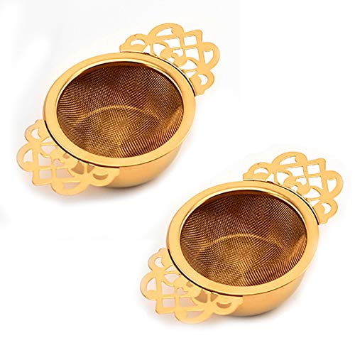 NUOMI 2 Pack Tea Strainer Stainless Steel Mesh Tea Infuser Loose Leaf Tea Filter with Drip Bowl for Natural Tea Seasoning Spices Herb, Golden - Image 1