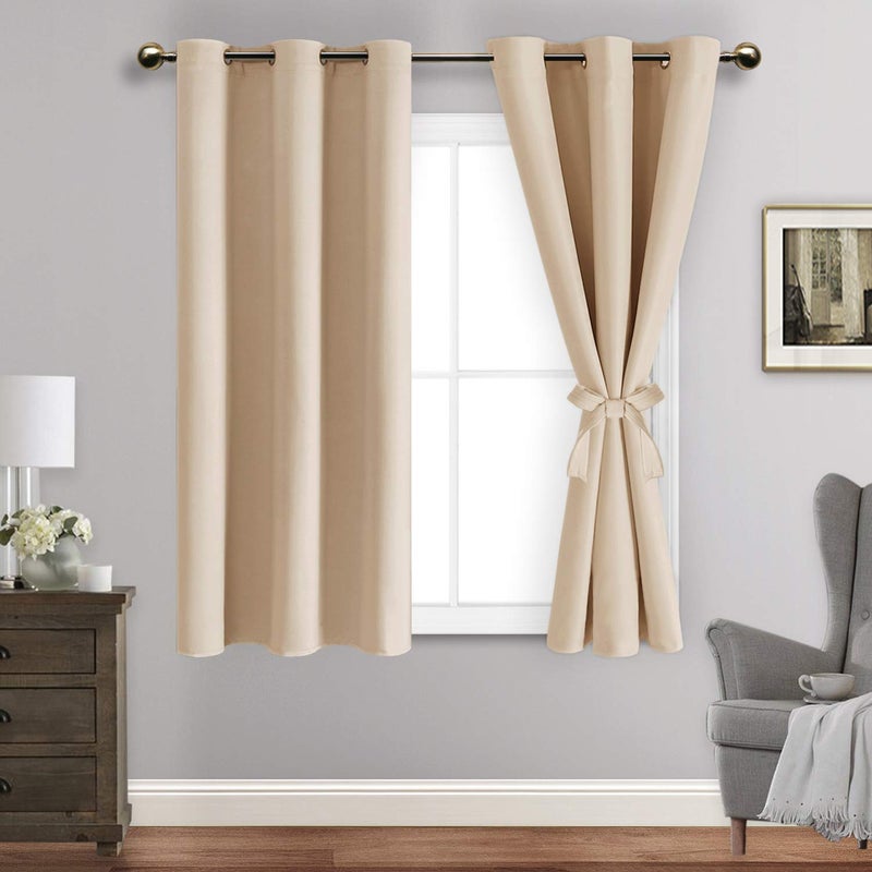 JIUZHEN Beige Blackout Curtains with Tiebacks  Thermal Insulated Light Blocking and Noise Reducing Grommet Curtain Drapes for Bedroom and Living Room Set of 2 Panels 42 x 54 Inch Length