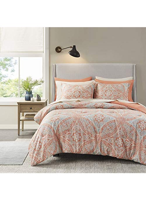 Comfort Spaces Comfort Spaces Bed in A Bag  Trendy Casual Design Cozy Comforter with Complete Sheet Set with Side Pocket All Season Cover Matching Shams King104x90 Gloria Damask Coral 9 Piece 