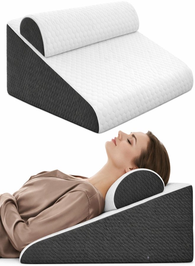 CUSHIO Bed Wedge Pillow with Headrest | Memory Foam Bed Wedge Pillow for Acid Reflux, Back & Neck Pain Relief, Incline Support Pillow with Washable Cover (White & Grey) - Image 1
