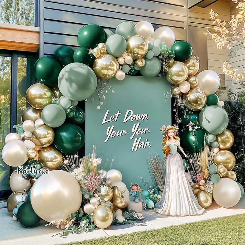 Partycus Emerald Green Gold Balloon Arch Kit Double Stuffed Dark Dusty Green Pearl White Sand Latex Balloon Garland for Birthday Wedding Anniversary Valentines Graduation Party - Image 3