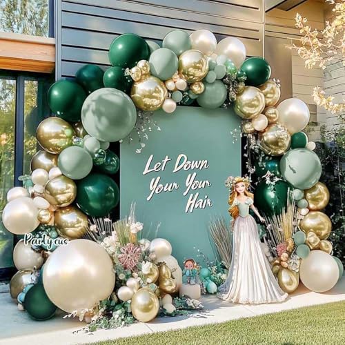 Partycus Emerald Green Gold Balloon Arch Kit Double Stuffed Dark Dusty Green Pearl White Sand Latex Balloon Garland for Birthday Wedding Anniversary Valentines Graduation Party - Image 1