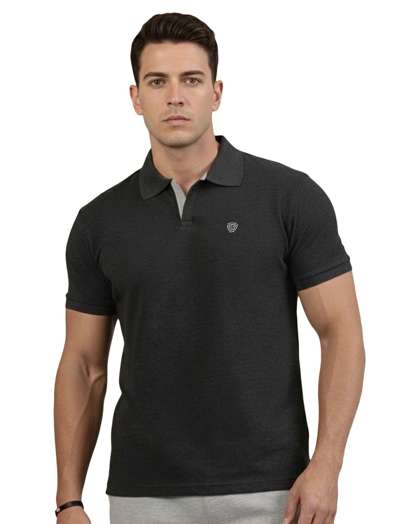 Lux Cozi Men's Pack of 1 Black Melange Regular Fit Polo Neck Half Sleeve Solid Casual T-Shirt (Size : Large)_COZI_2121_BM_L_1PC - Image 1