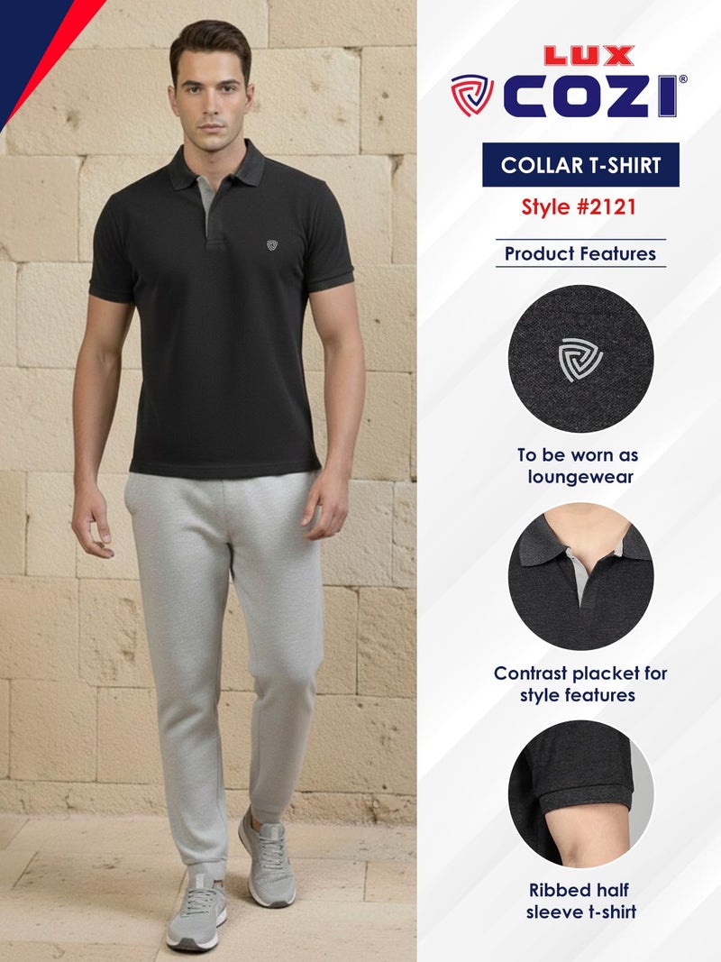 Lux Cozi Men's Pack of 1 Black Melange Regular Fit Polo Neck Half Sleeve Solid Casual T-Shirt (Size : Large)_COZI_2121_BM_L_1PC - Image 2