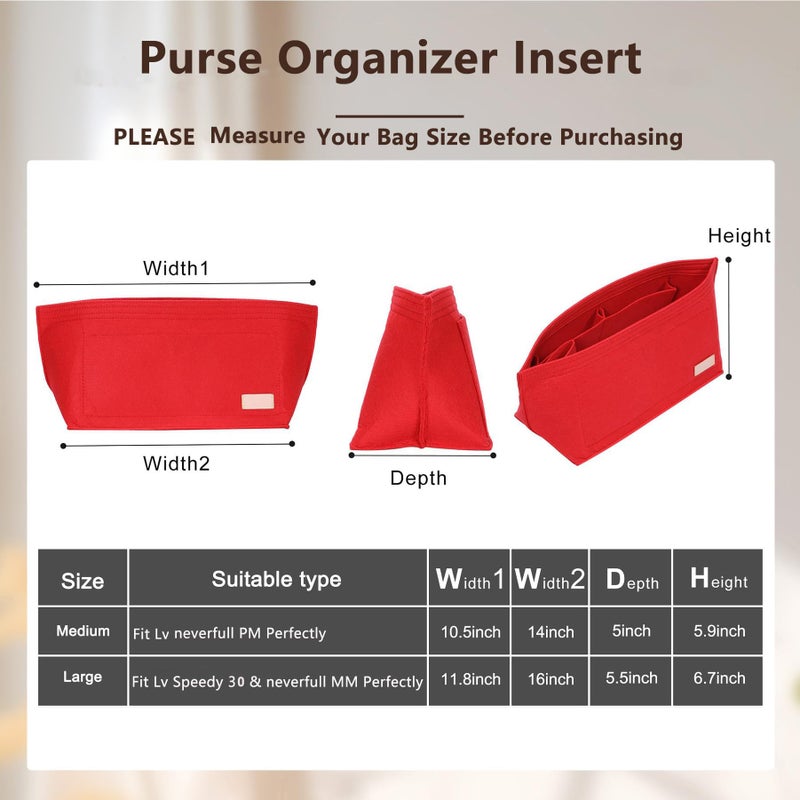 OAikor Purse Organizer Insert with Base Shaper,Felt Tote Bag Organizer Insert Compatible with Speedy 30 Neverfull MM and More,Bag Inner Shaper for Luxury Handbags,Red/L - Image 2