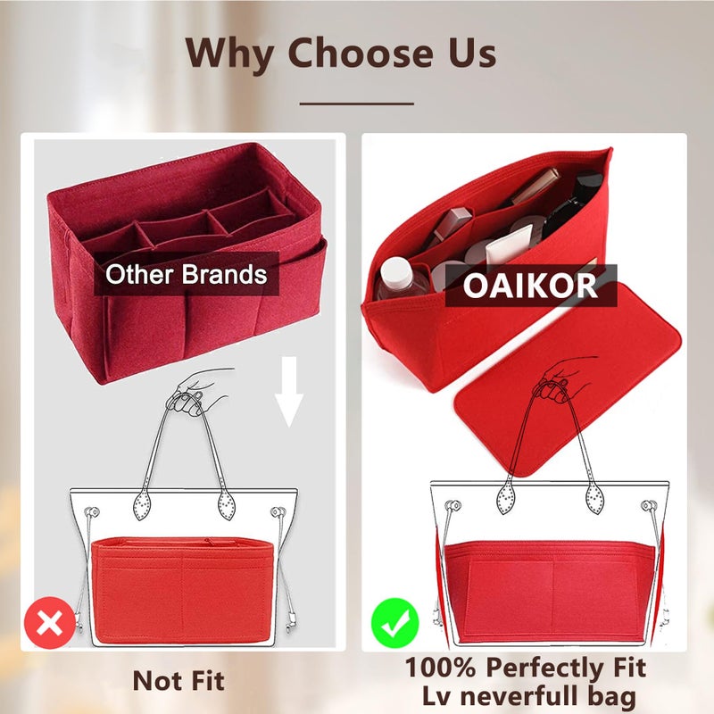 OAikor Purse Organizer Insert with Base Shaper,Felt Tote Bag Organizer Insert Compatible with Speedy 30 Neverfull MM and More,Bag Inner Shaper for Luxury Handbags,Red/L - Image 4