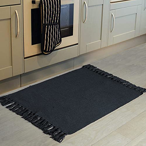 Seavish Black Kitchen Rug, 2x3 Cotton Hand Woven Recycled Throw Rug Runner Braided Entryway Floor Mat for Laundry Room Bathroom Bedroom Dorm - Image 1