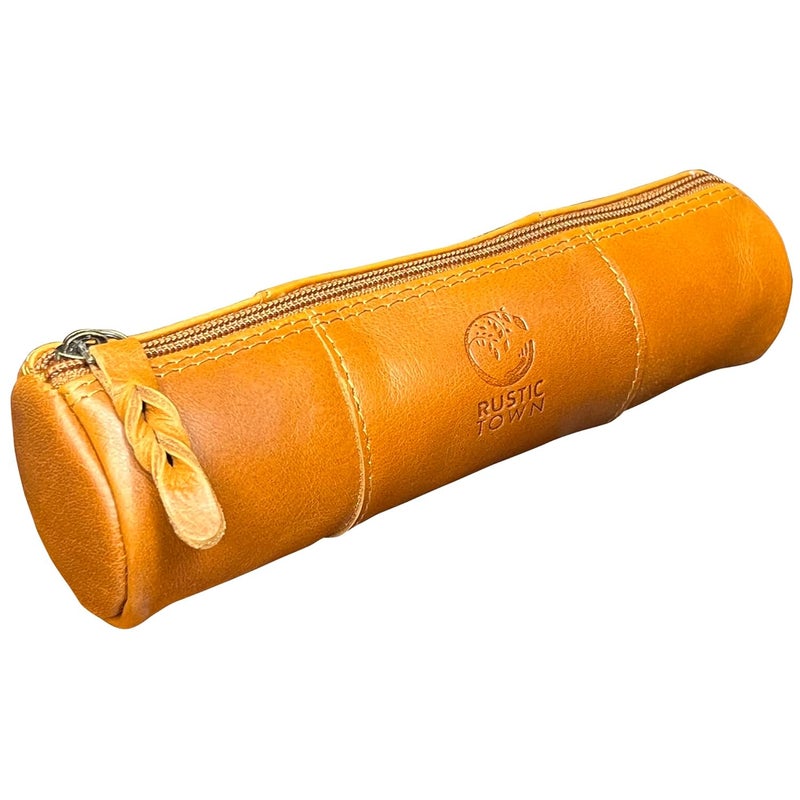 Rustic Town Leather Pencil Case Holder - Pen Pencil Pouch For Office & School - Zipper Stationary Utility Bag Pencil Kit For Girls, Boys & Kids (Cognac), Brown - Image 1