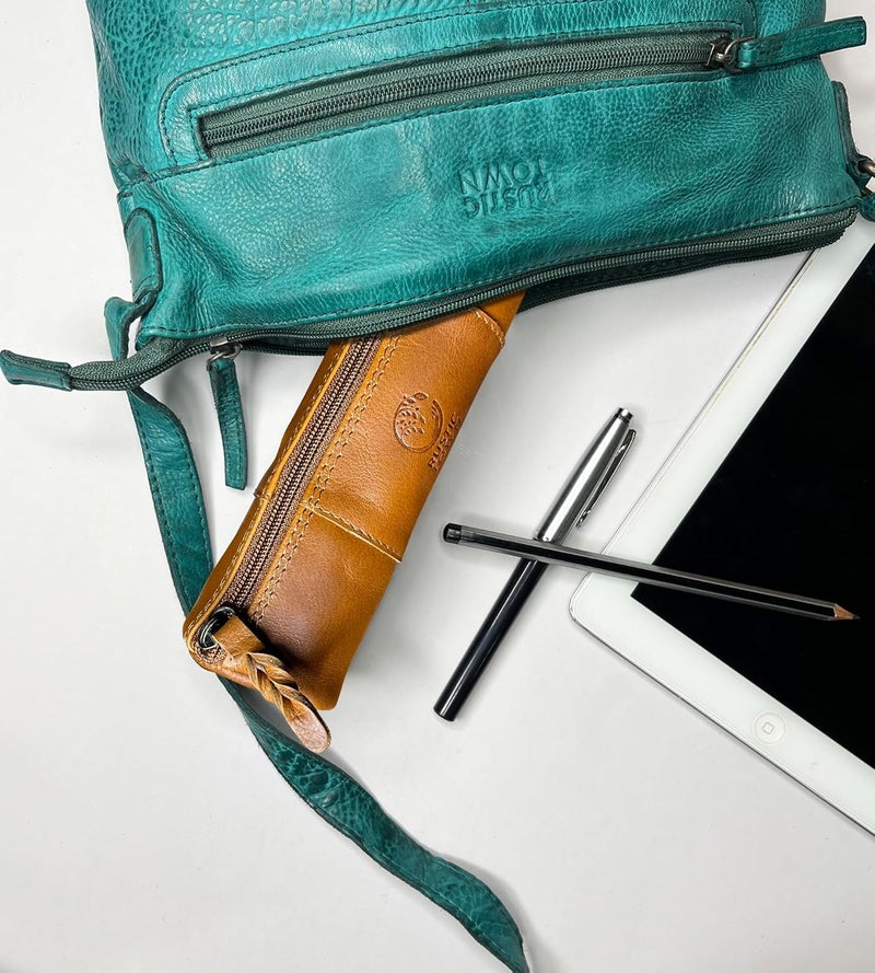 Rustic Town Leather Pencil Case Holder - Pen Pencil Pouch For Office & School - Zipper Stationary Utility Bag Pencil Kit For Girls, Boys & Kids (Cognac), Brown - Image 2
