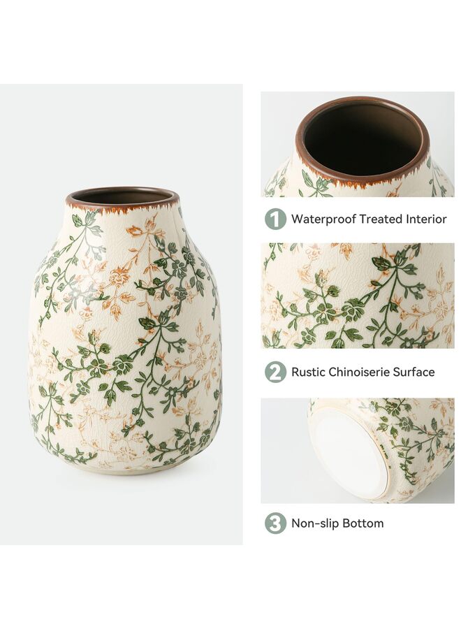 LAMAY Green and Beige Vintage Vase, Chinoiserie Floral Vase, Rustic Ceramic Large Vases for Home Decors, Living Room, Bookshelf, Office - Image 3
