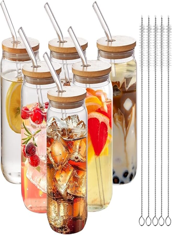 Mzowgzk 6pcs Set-16oz, Glass Cups with Bamboo Lids and Glass Straw - Beer Can Shaped,CuteTumbler Cup,Soda,deal for Cocktail,Iced Coffee Cups,6 Cleaning Brushes