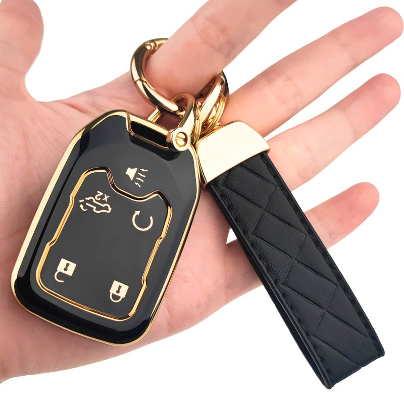 OLLEN Key Fob Cover with Leather Keychain, Fit for 2017-2023 GMC Sierra Acadia Terrain, 2019-2023 Chevy Silverado Suburban Tahoe, etc, Full Protection Soft TPU Key Case, 5 Button, with Keychain, Black