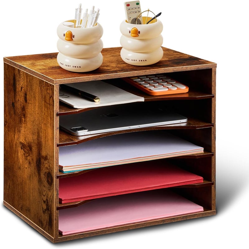EMERIT Paper Organzier Wood Desktop Organizer Storage Letter Tray File Sorter with Adjustable Shelves for Home Office - Image 1