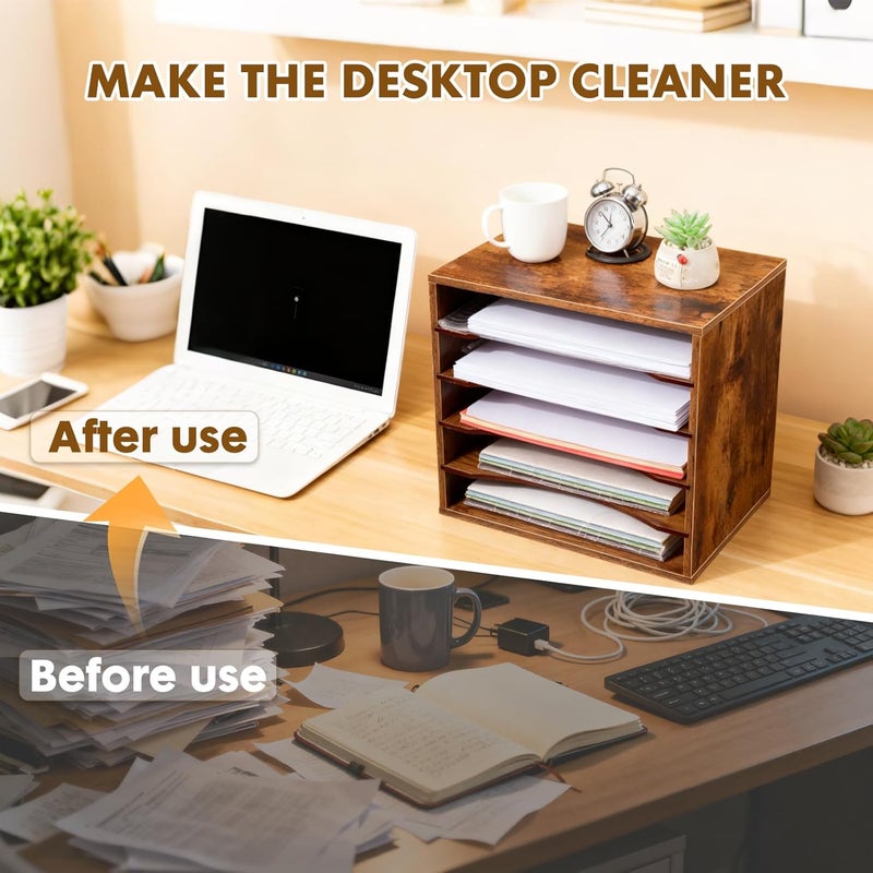 EMERIT Paper Organzier Wood Desktop Organizer Storage Letter Tray File Sorter with Adjustable Shelves for Home Office - Image 4