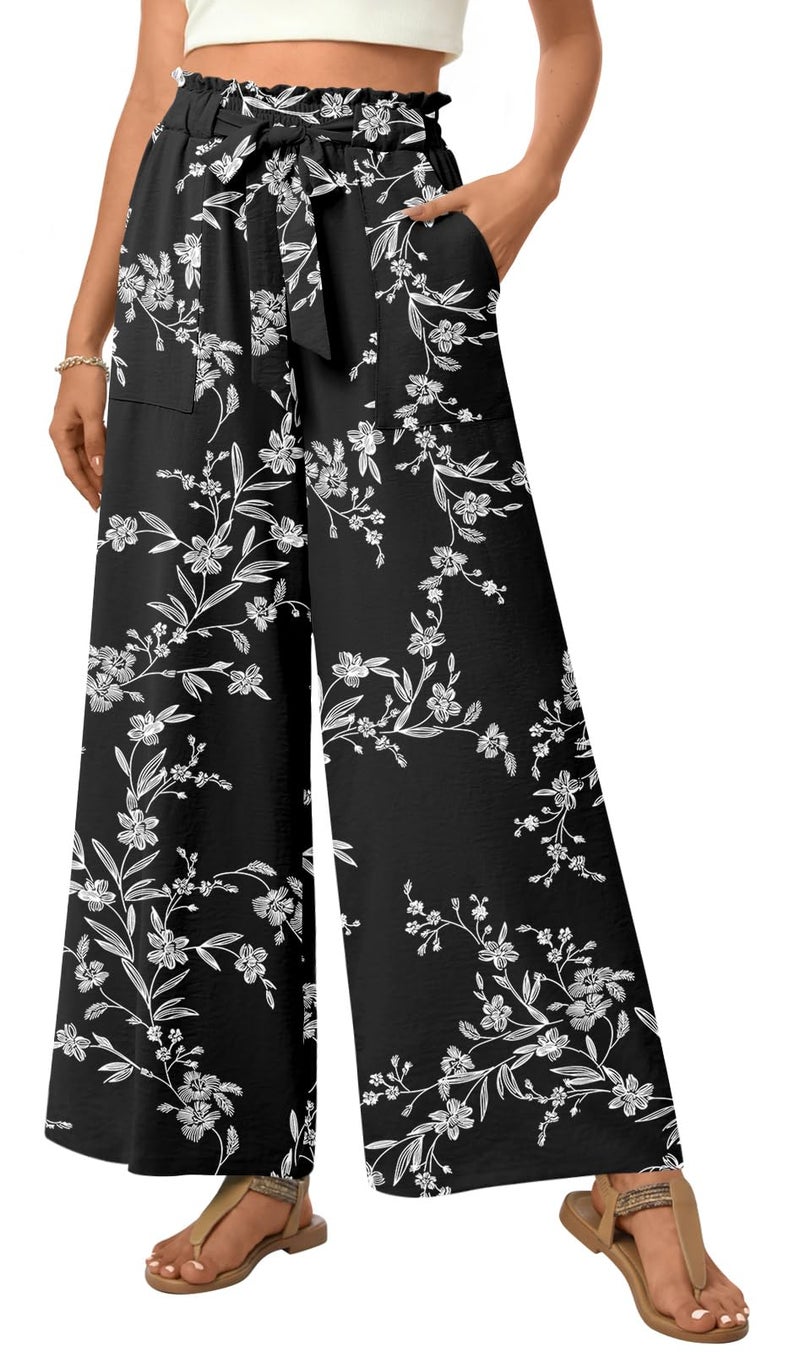 Anyhold Womens Wide Leg Palazzo Pants Dressy Casual Loose High Waist Trousers Flowy Work Adjustable Pants with Pockets Large, White Carvings - Image 2