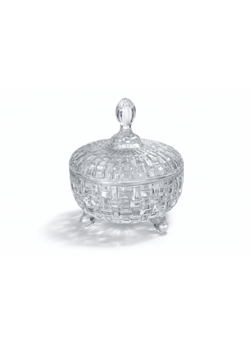 Elegant Clear Glass Candy Bowl with Lid & Feet - Intricate Basket-Weave Design - Luxury Serveware for Sweets. - Image 1