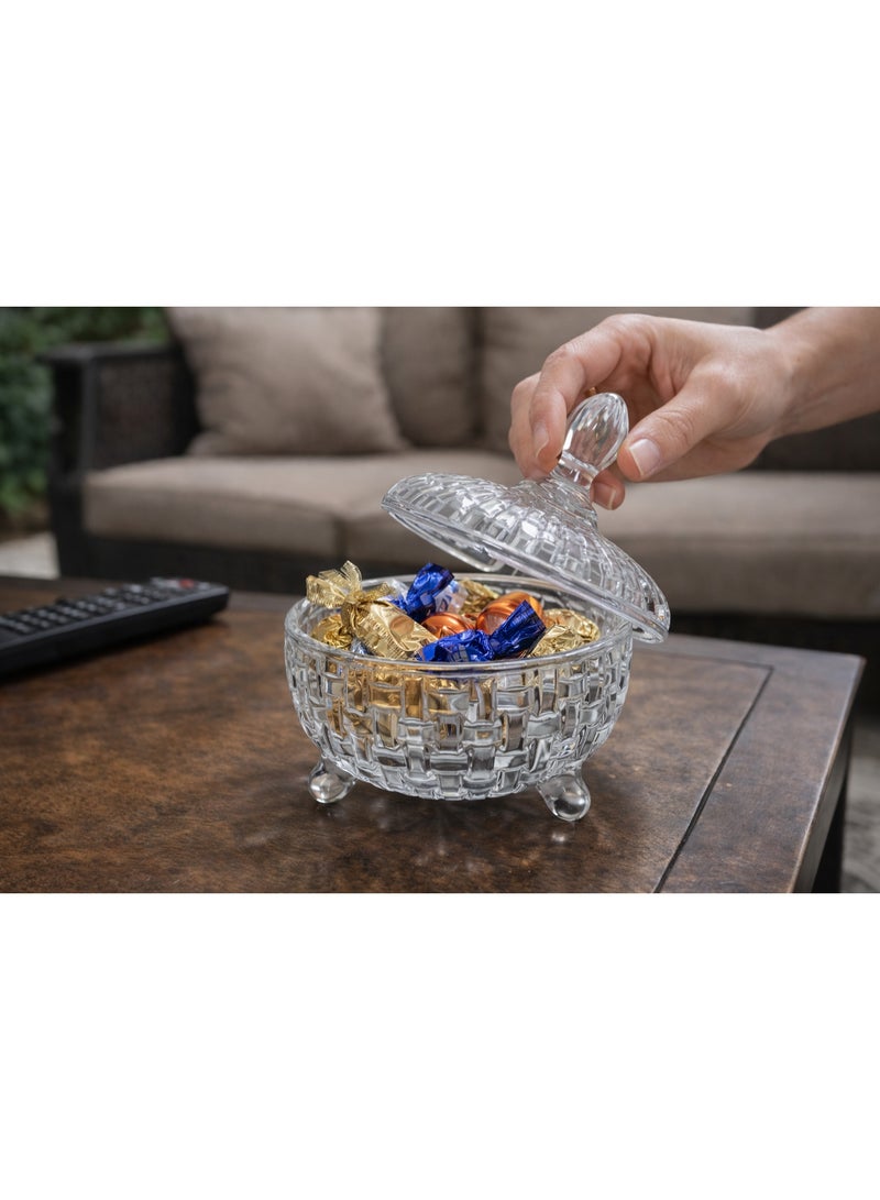 Elegant Clear Glass Candy Bowl with Lid & Feet - Intricate Basket-Weave Design - Luxury Serveware for Sweets. - Image 2