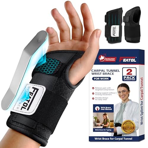 FEATOL 2 Pack Carpal Tunnel Wrist Brace For Work With Wrist Splint, 6.5'' Hand Brace Night Support For Women Men, Pain Relief For Tendonitis, Arthritis, Pregnancy, Typing, Right and Left Hand, Large - Image 1