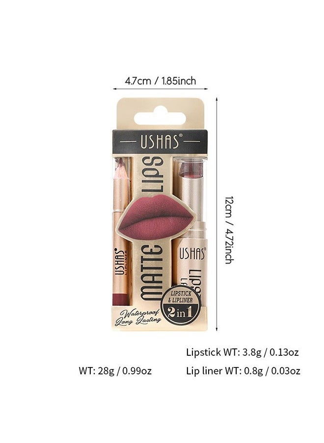 Ushas - Matte Lips，2 in 1 Waterproof Lipstick and Lip Liner Combo Set - Long Lasting Matte Lipstick Pen with Liner Set Makeup Kit #S6 - Image 1