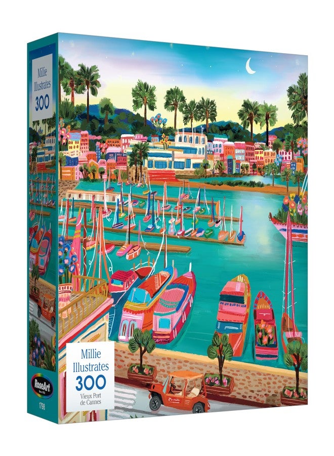 Rose Art RoseArt Millie Illustrates Vieux Port De Cannes 300 Piece Jigsaw Puzzle, Colorful Scenic Travel Art Illustrated Puzzle for Adults - Image 1