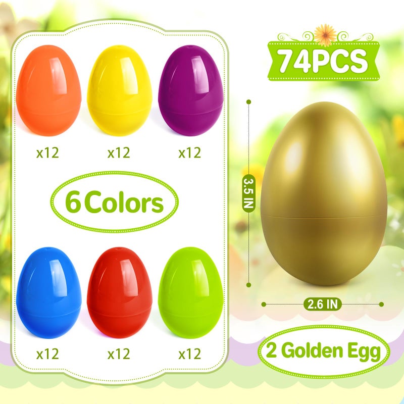 spring flower SpringFlower 72PCS 3.5 inch Plastic Easter Eggs Plus 2 Golden Easter Eggs, Empty Easter Eggs Fillable, Plastic Eggs Bulks for Easter Basket Stuffer, Easter Party Favor & Egg Hunt, Easter Decorations - Image 2